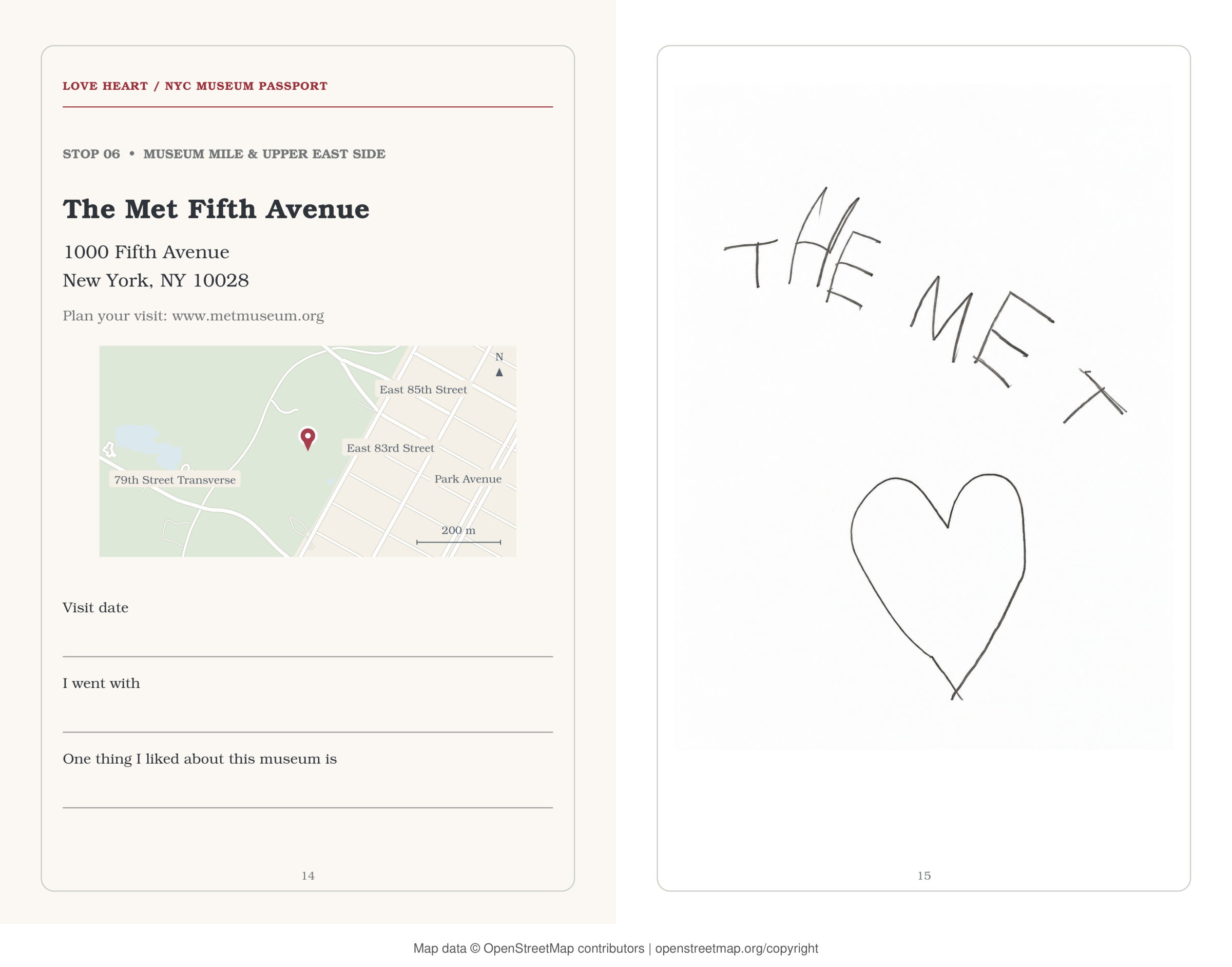 Interior spread: The Met Fifth Avenue — neighborhood map and Lev's handwritten page